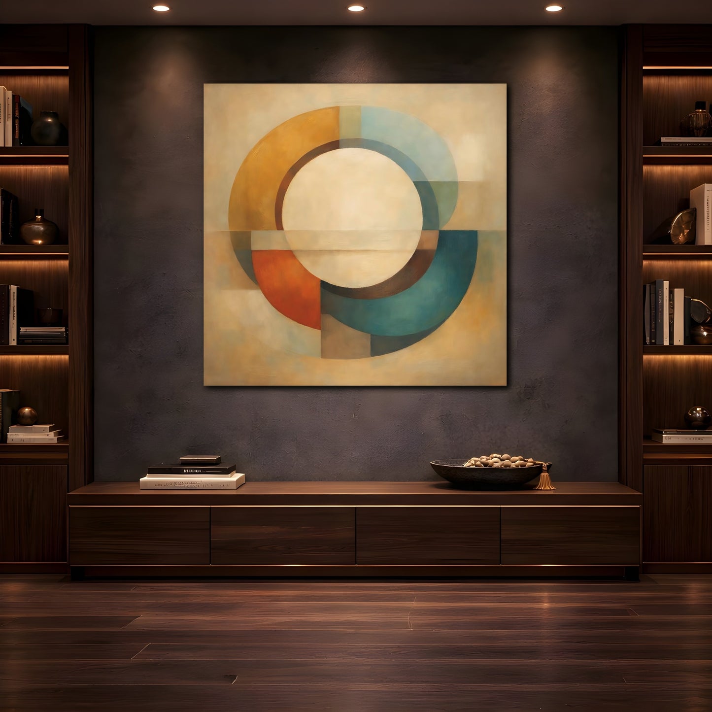 Mockup 4. Abstract Geometric Circle Earthy Geometric shown as stretched canvas wall art