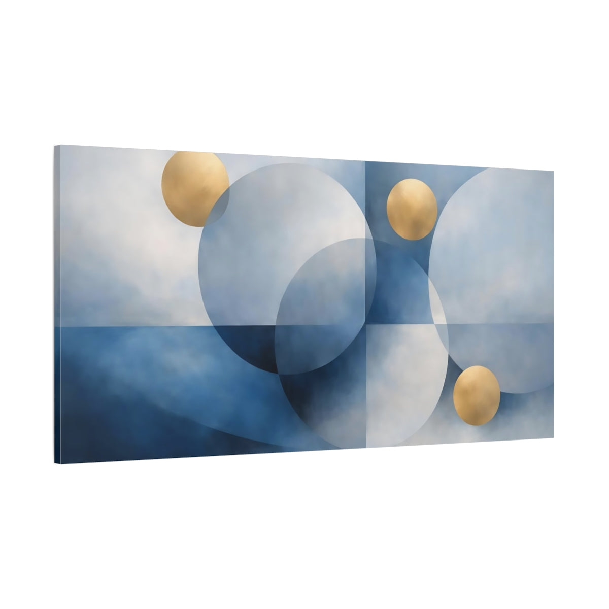 Main Mockup. Abstract Geometric Circles Blue And Gold shown as stretched canvas wall art