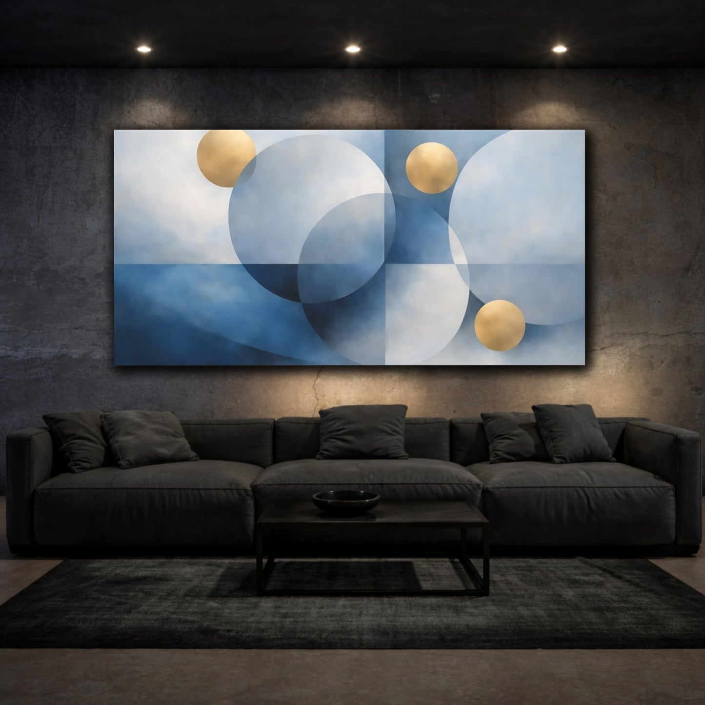 Mockup 2. Abstract Geometric Circles Blue And Gold shown as stretched canvas wall art