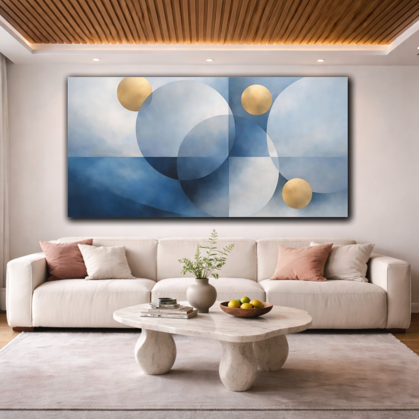 Mockup 3. Abstract Geometric Circles Blue And Gold shown as stretched canvas wall art