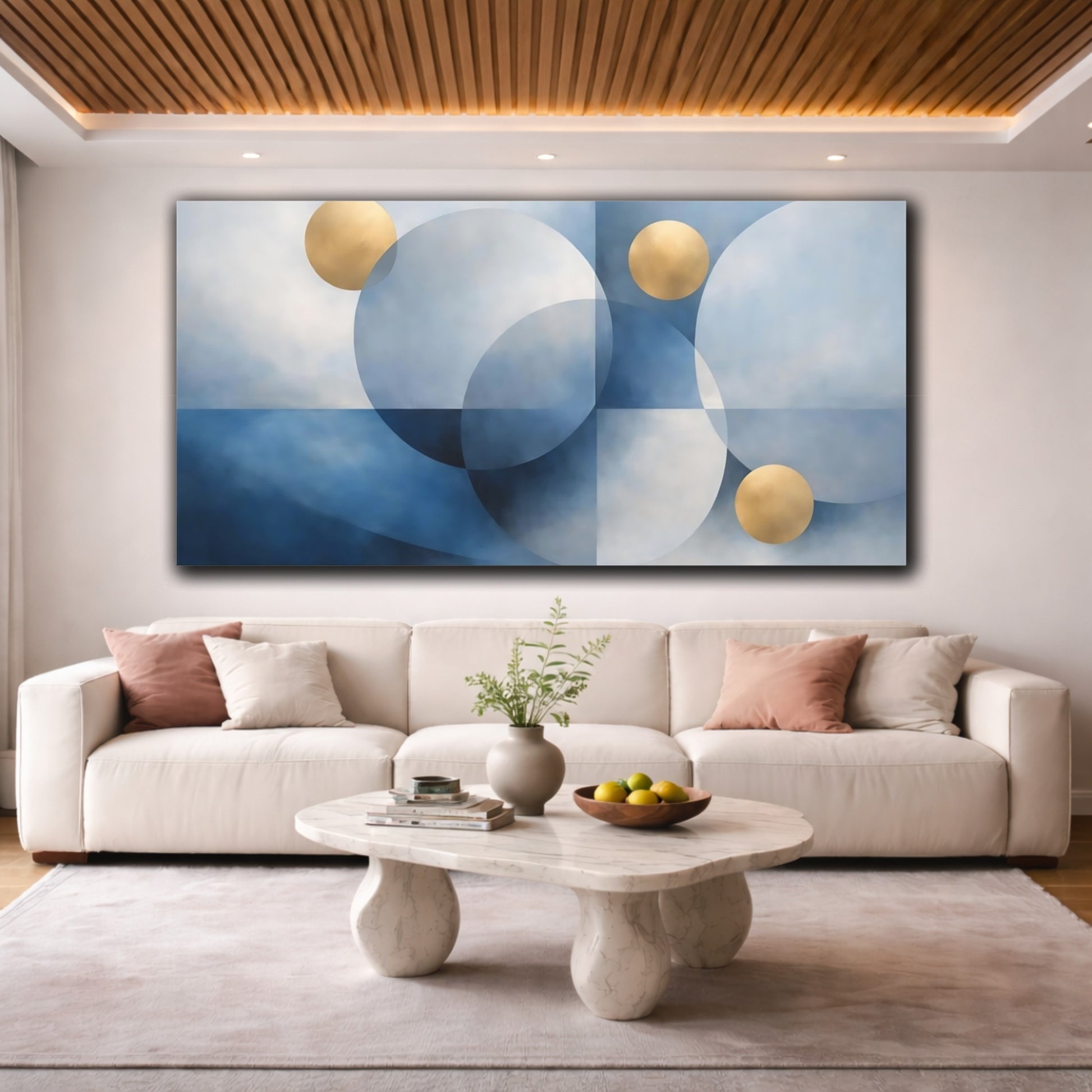 Mockup 3. Abstract Geometric Circles Blue And Gold shown as stretched canvas wall art