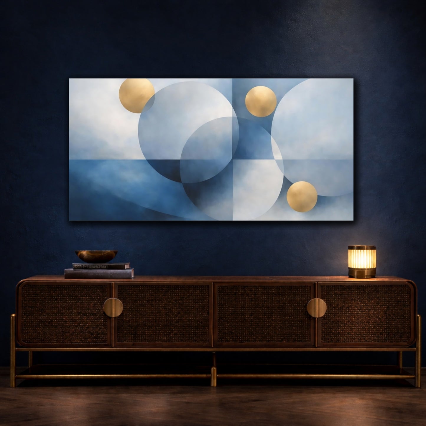 Mockup 4. Abstract Geometric Circles Blue And Gold shown as stretched canvas wall art