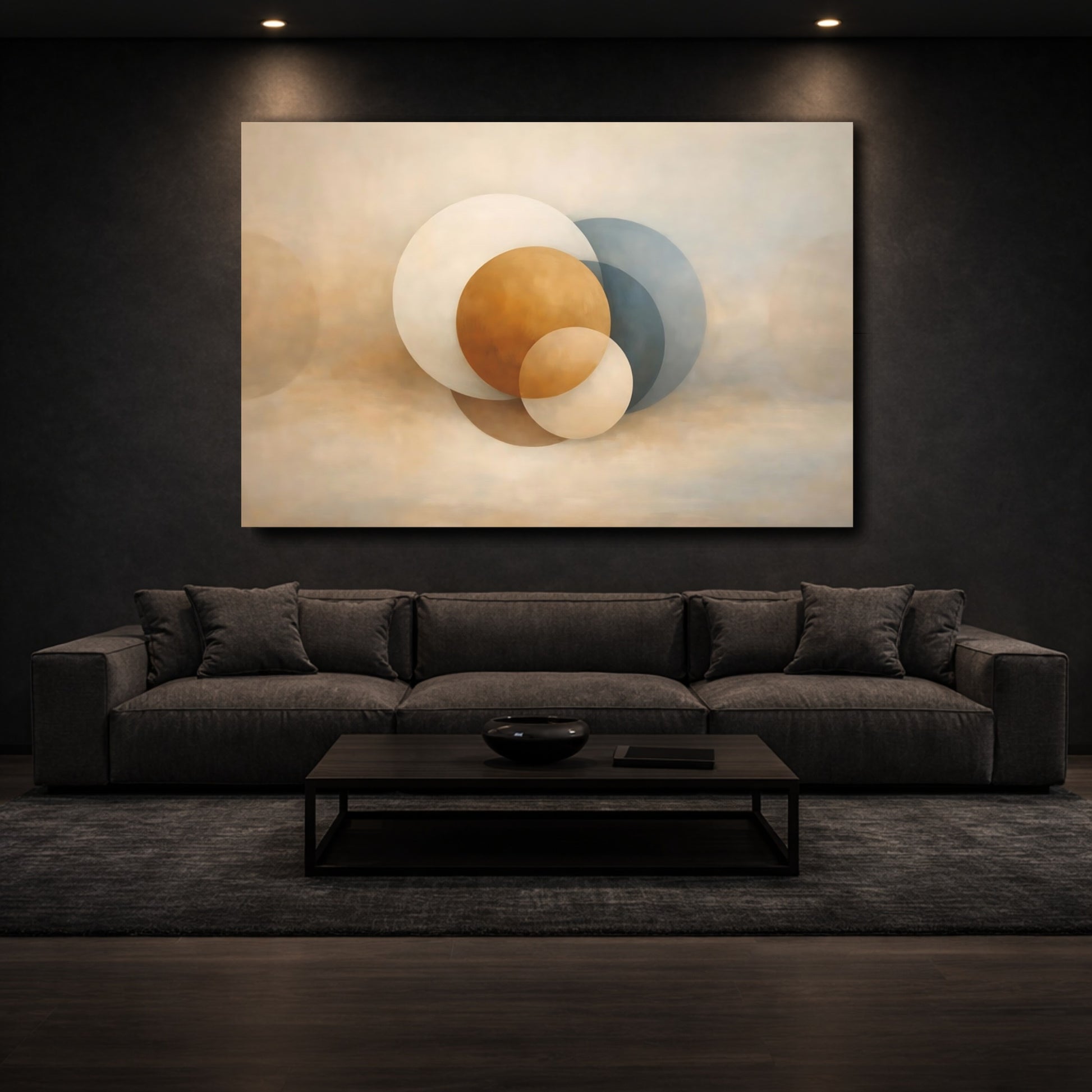 Mockup 2. Abstract Geometric Circles Brown Blue Circles shown as stretched canvas wall art