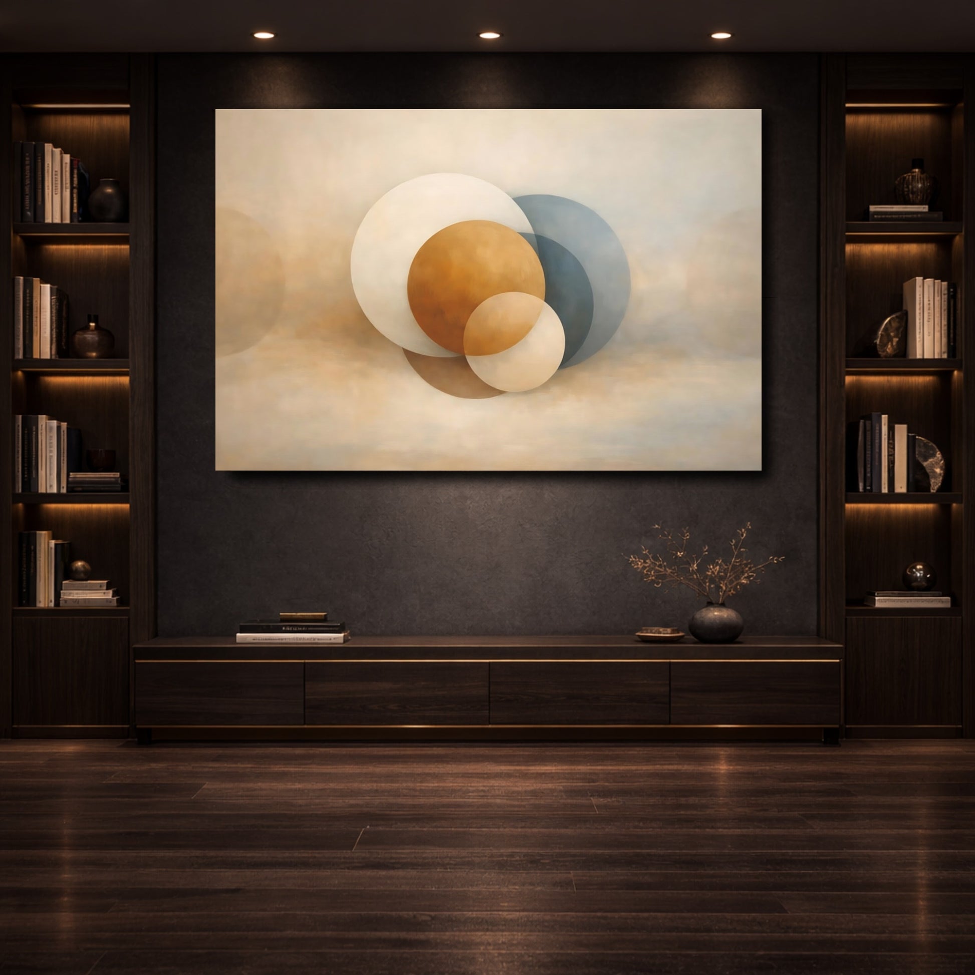 Mockup 3. Abstract Geometric Circles Brown Blue Circles shown as stretched canvas wall art