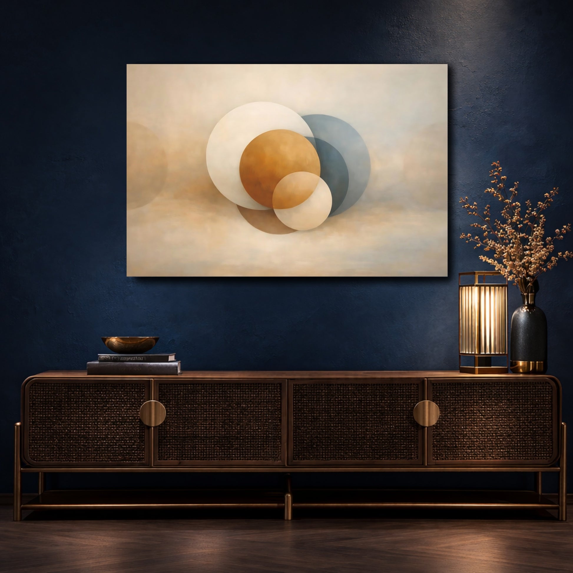Mockup 4. Abstract Geometric Circles Brown Blue Circles shown as stretched canvas wall art