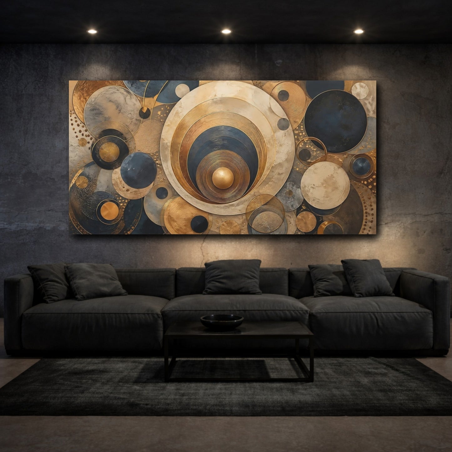 Mockup 2. Abstract Geometric Circles Gold And Blue Abstract shown as stretched canvas wall art