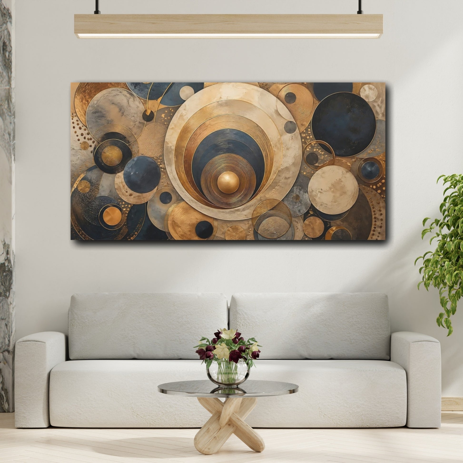 Mockup 3. Abstract Geometric Circles Gold And Blue Abstract shown as stretched canvas wall art