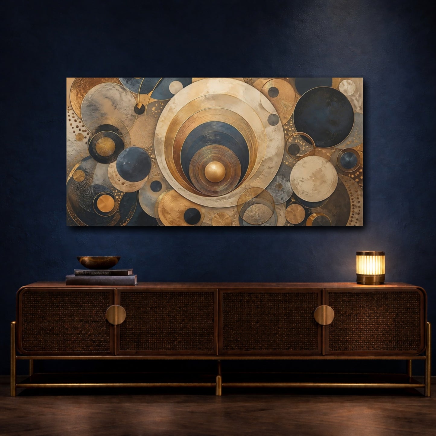 Mockup 4. Abstract Geometric Circles Gold And Blue Abstract shown as stretched canvas wall art