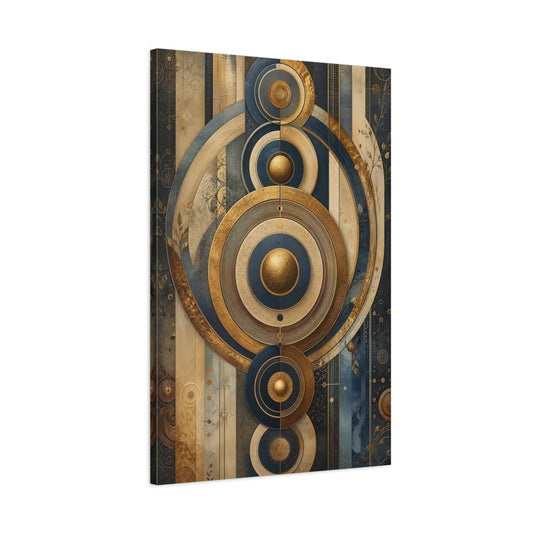 Main Mockup. Abstract Geometric Circles Gold And Blue shown as stretched canvas wall art