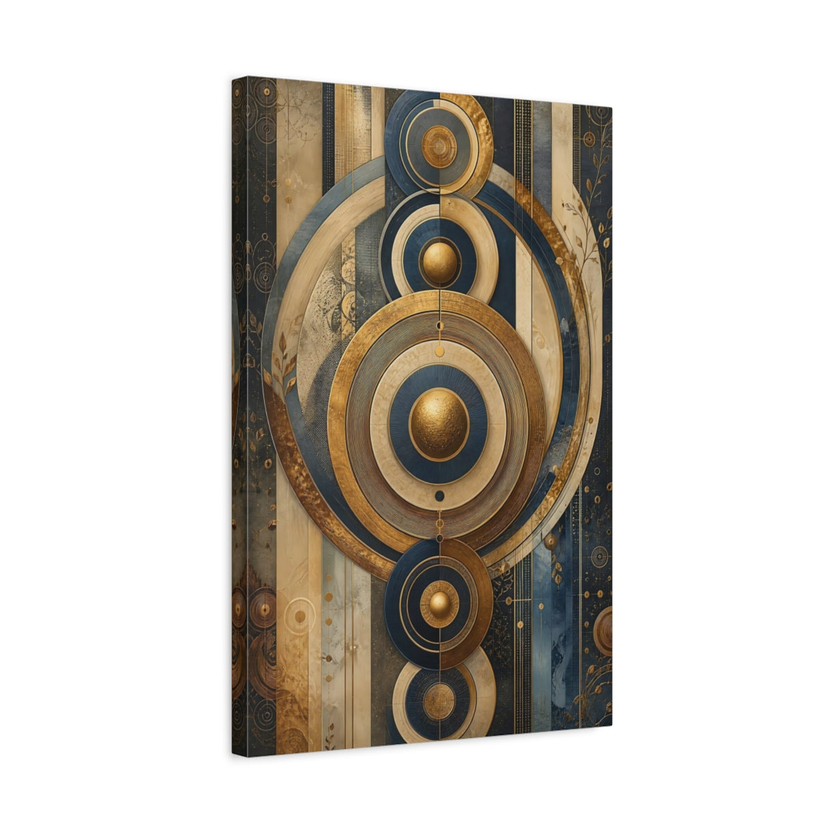 Side Mockup 3. Abstract Geometric Circles Gold And Blue shown as stretched canvas wall art