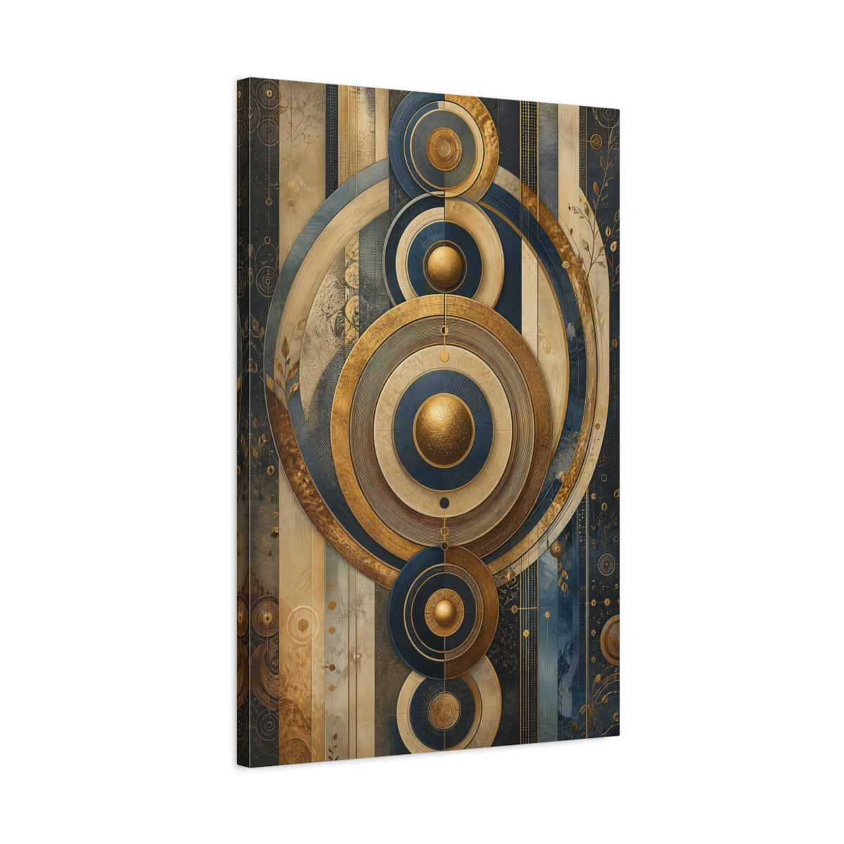Side Mockup 2. Abstract Geometric Circles Gold And Blue shown as stretched canvas wall art