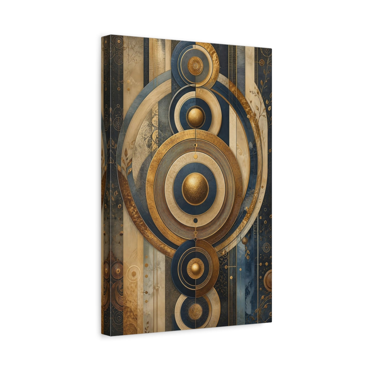 Side Mockup 4. Abstract Geometric Circles Gold And Blue shown as stretched canvas wall art