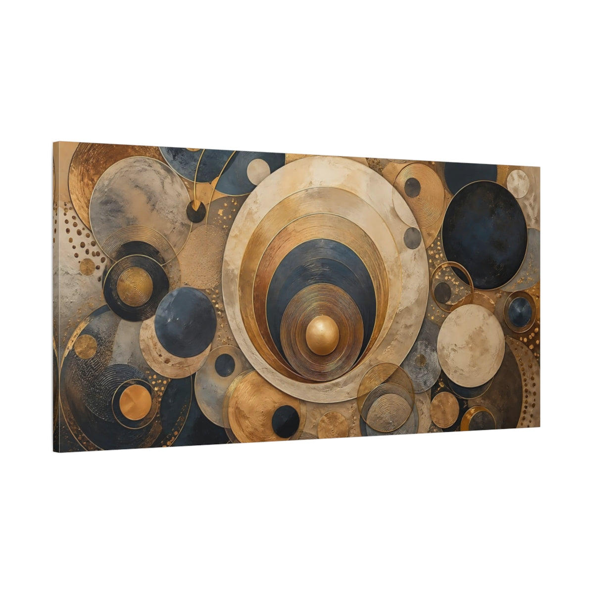 Side Mockup 2. Abstract Geometric Circles Gold And Blue Abstract shown as stretched canvas wall art