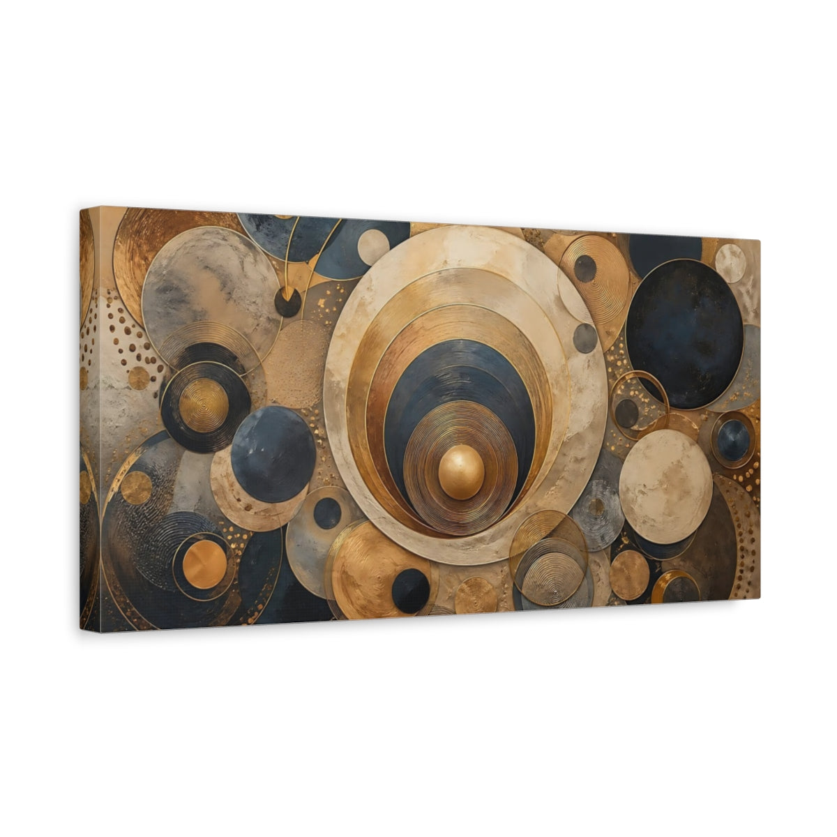 Side Mockup 3. Abstract Geometric Circles Gold And Blue Abstract shown as stretched canvas wall art