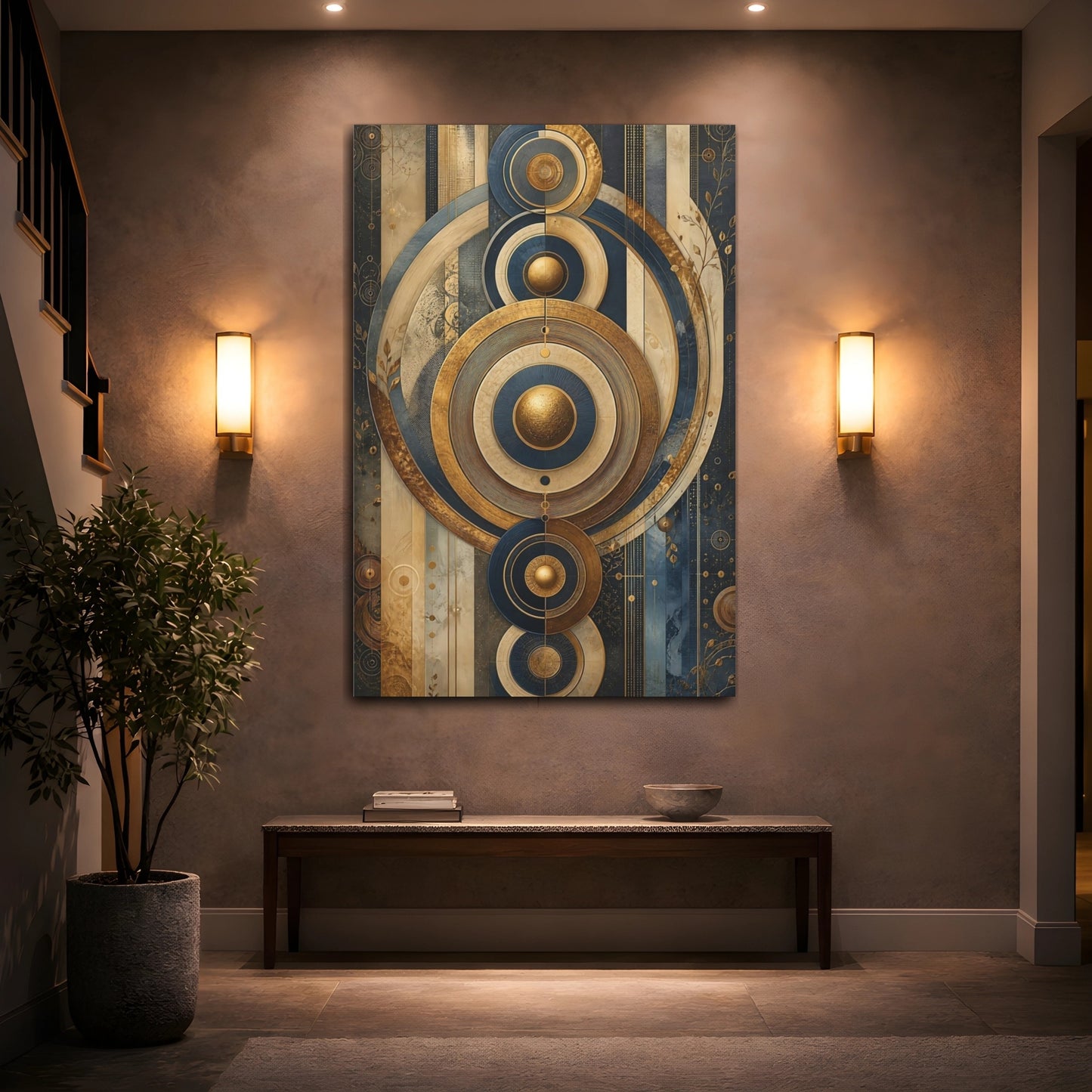 Mockup 2. Abstract Geometric Circles Gold And Blue shown as stretched canvas wall art