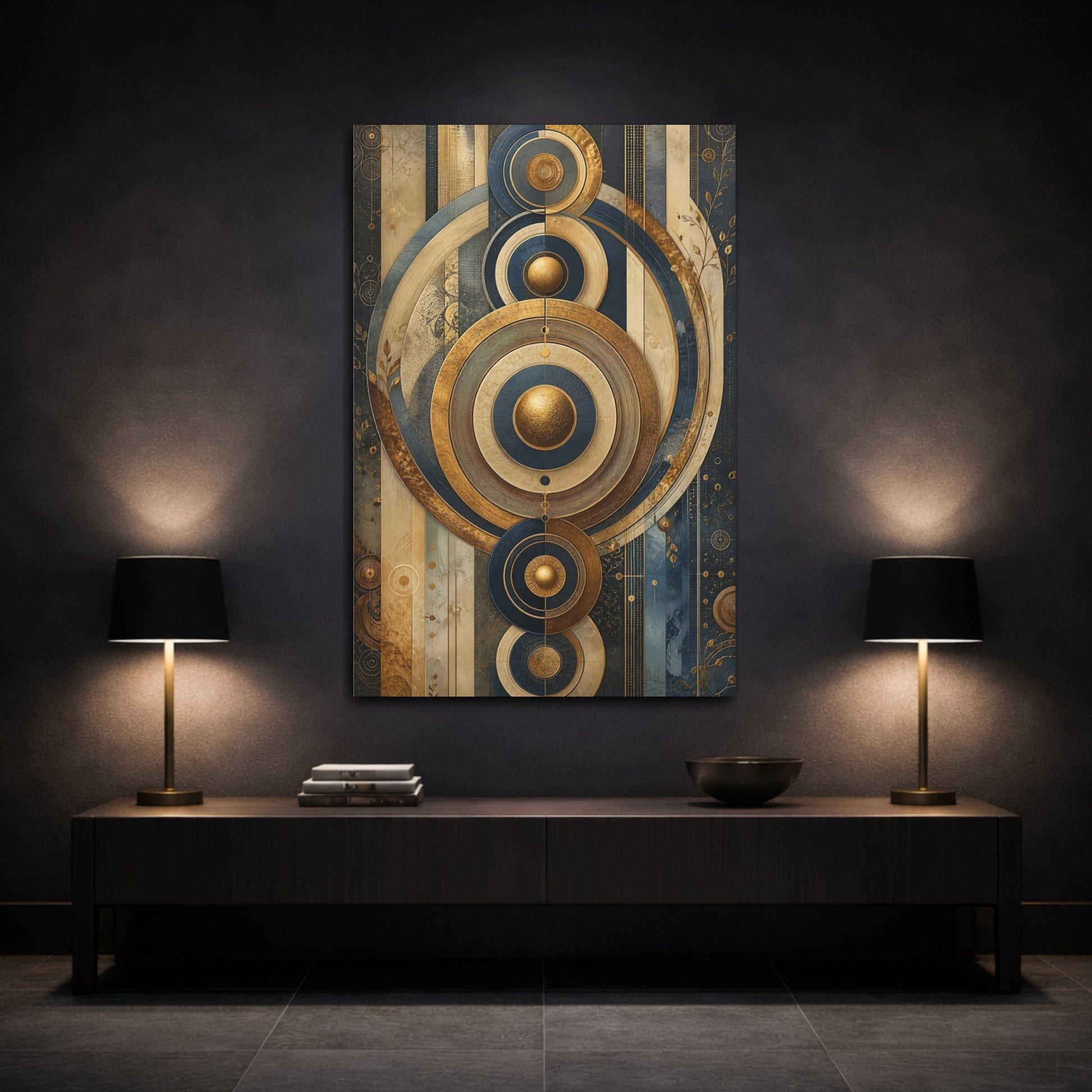 Mockup 3. Abstract Geometric Circles Gold And Blue shown as stretched canvas wall art