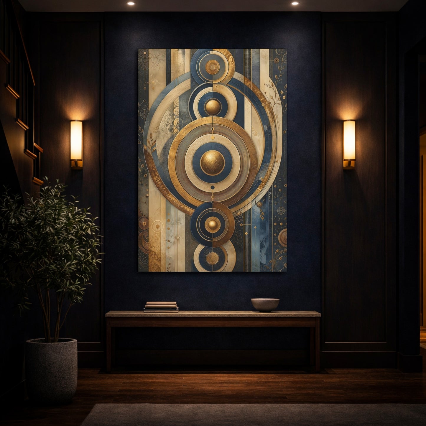 Mockup 4. Abstract Geometric Circles Gold And Blue shown as stretched canvas wall art