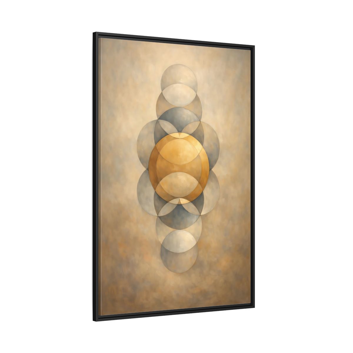 Main Mockup. Abstract Geometric Circles Gold And Grey shown as stretched canvas wall art