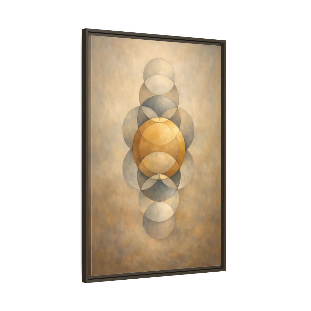 Side Mockup 10. Abstract Geometric Circles Gold And Grey shown as stretched canvas wall art