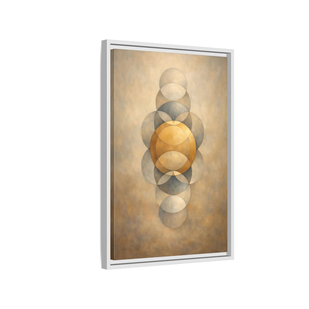 Side Mockup 1. Abstract Geometric Circles Gold And Grey shown as stretched canvas wall art