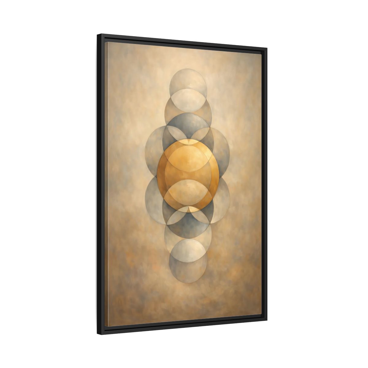 Side Mockup 13. Abstract Geometric Circles Gold And Grey shown as stretched canvas wall art