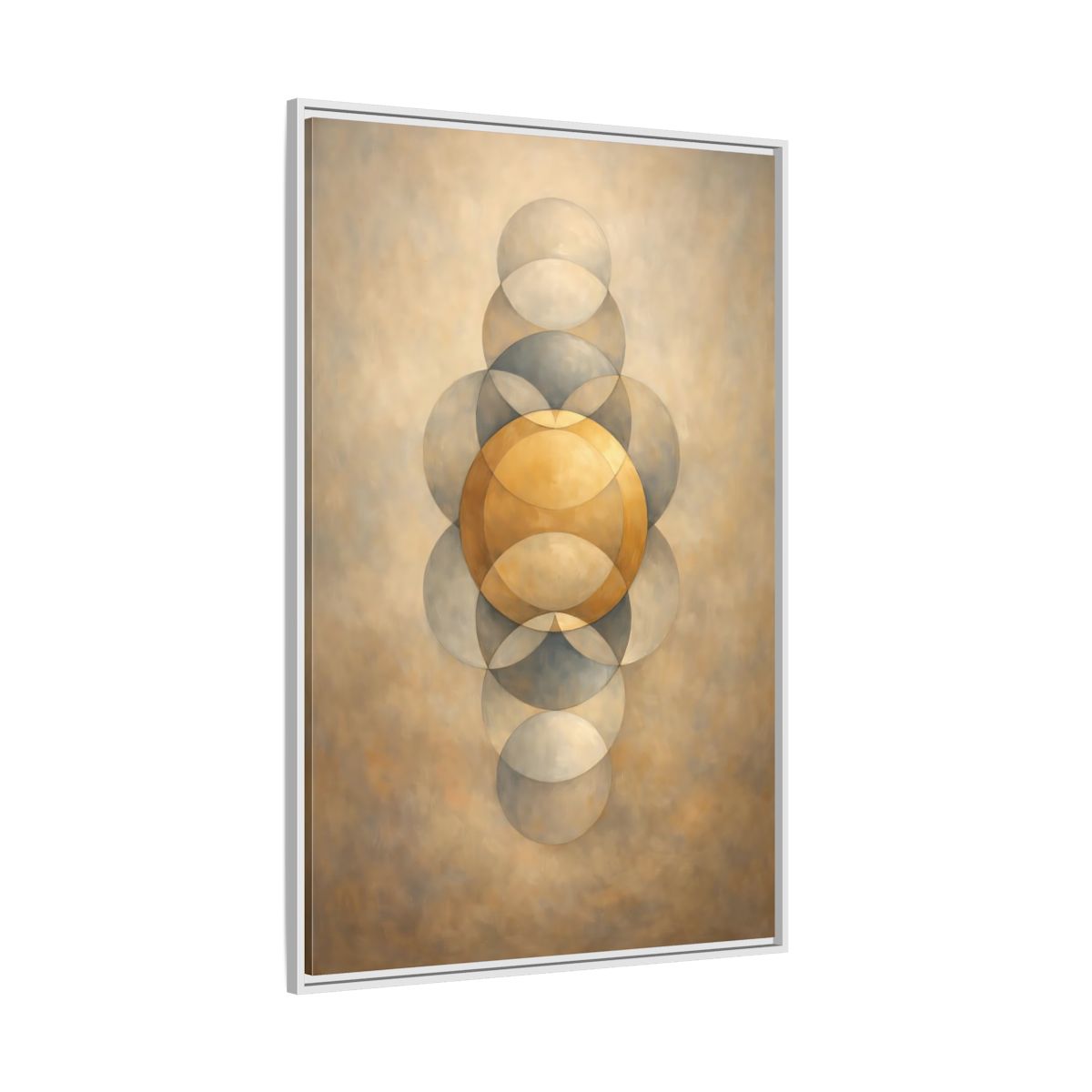 Side Mockup 7. Abstract Geometric Circles Gold And Grey shown as stretched canvas wall art