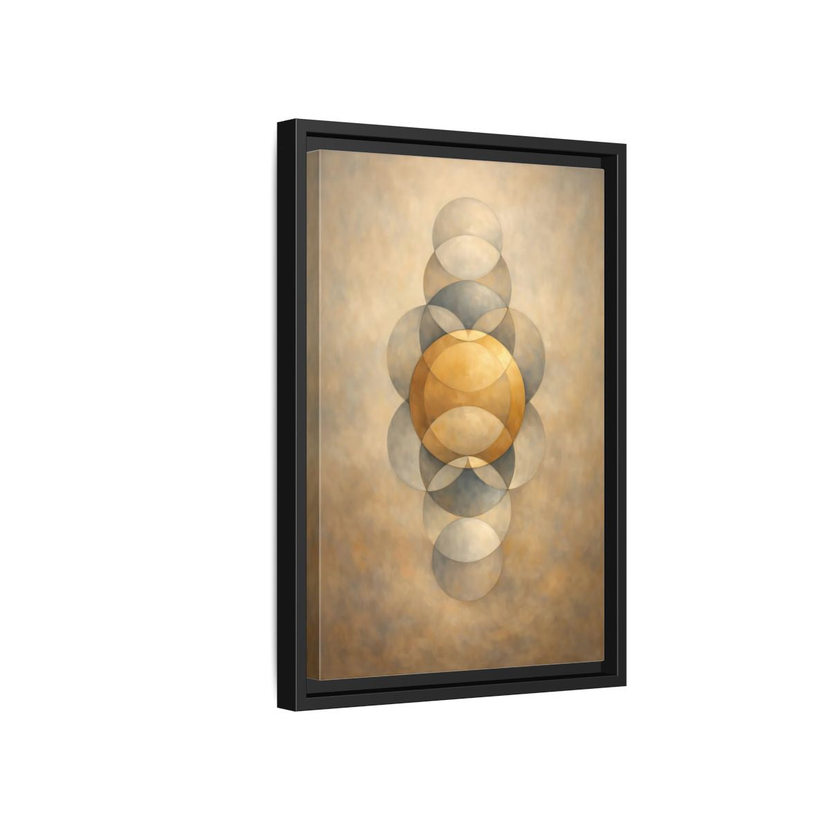 Side Mockup 6. Abstract Geometric Circles Gold And Grey shown as stretched canvas wall art