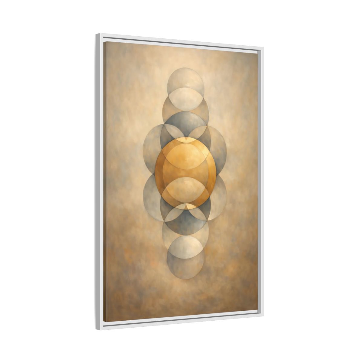 Side Mockup 9. Abstract Geometric Circles Gold And Grey shown as stretched canvas wall art
