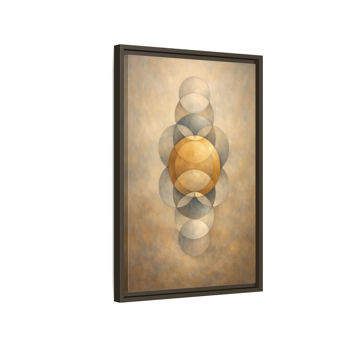 Side Mockup 2. Abstract Geometric Circles Gold And Grey shown as stretched canvas wall art