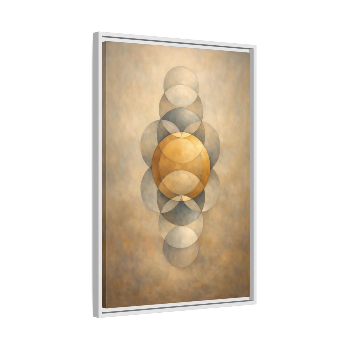 Side Mockup 11. Abstract Geometric Circles Gold And Grey shown as stretched canvas wall art