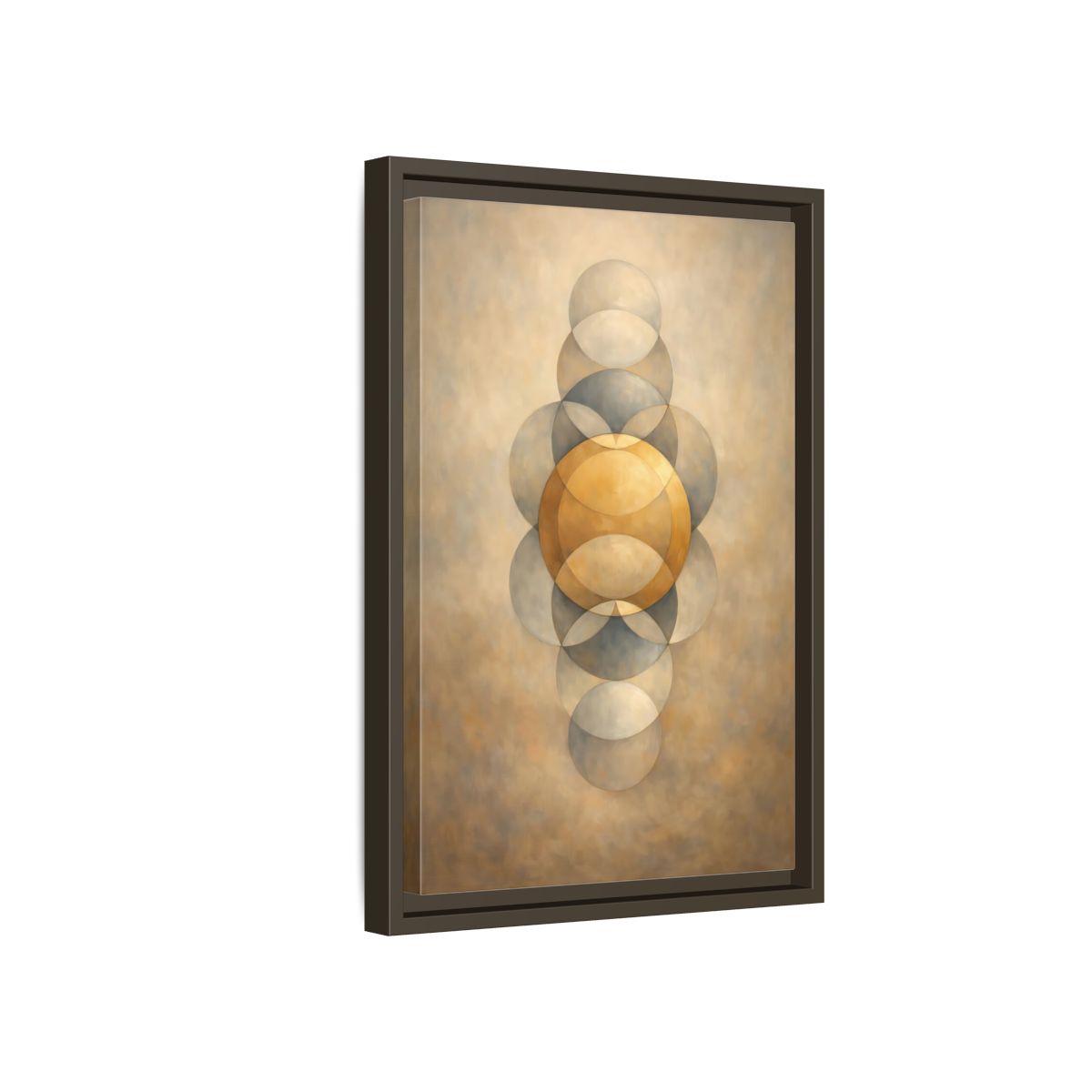 Side Mockup 5. Abstract Geometric Circles Gold And Grey shown as stretched canvas wall art