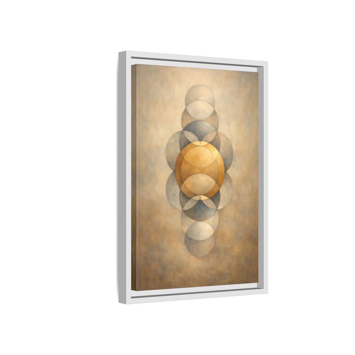 Side Mockup 4. Abstract Geometric Circles Gold And Grey shown as stretched canvas wall art