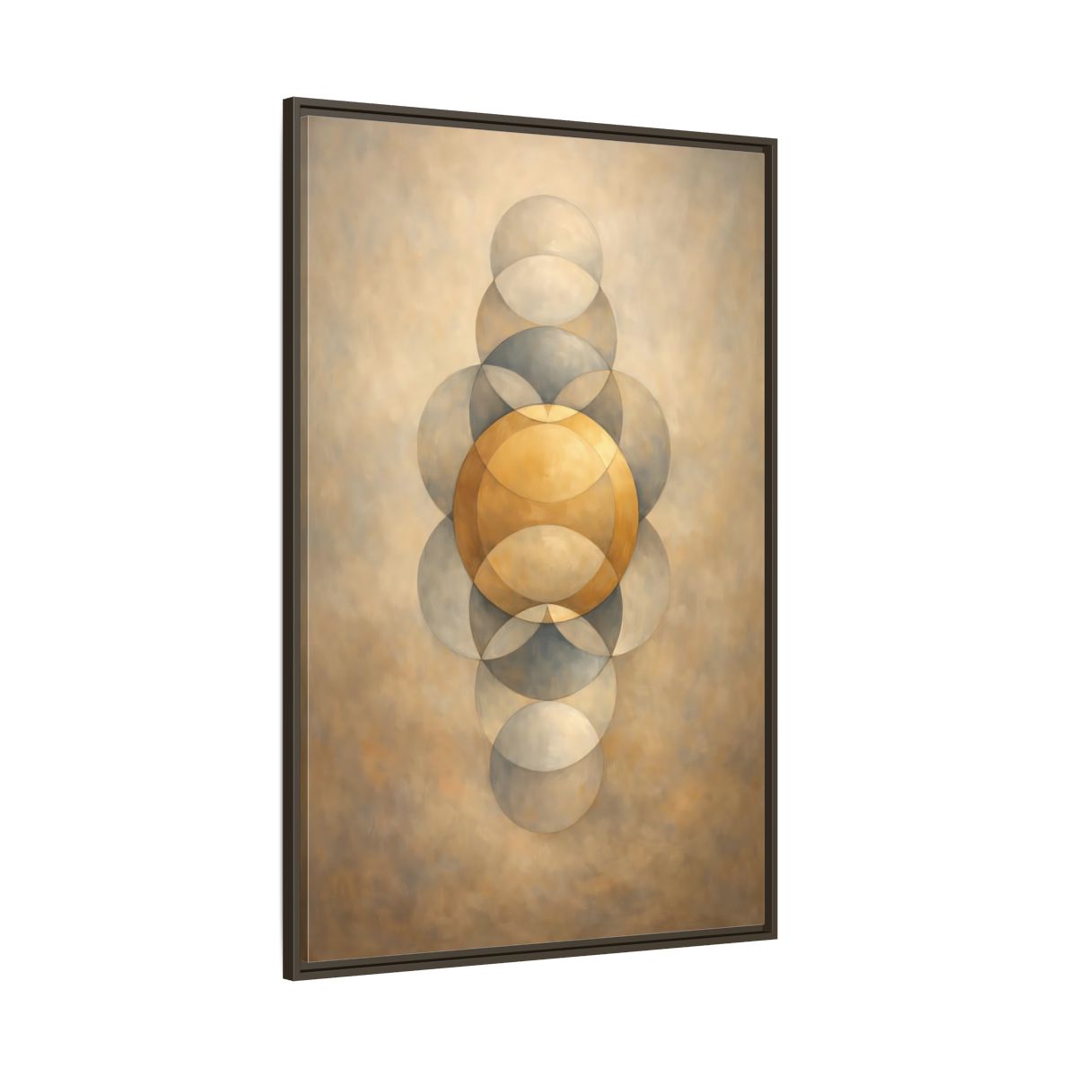 Side Mockup 8. Abstract Geometric Circles Gold And Grey shown as stretched canvas wall art