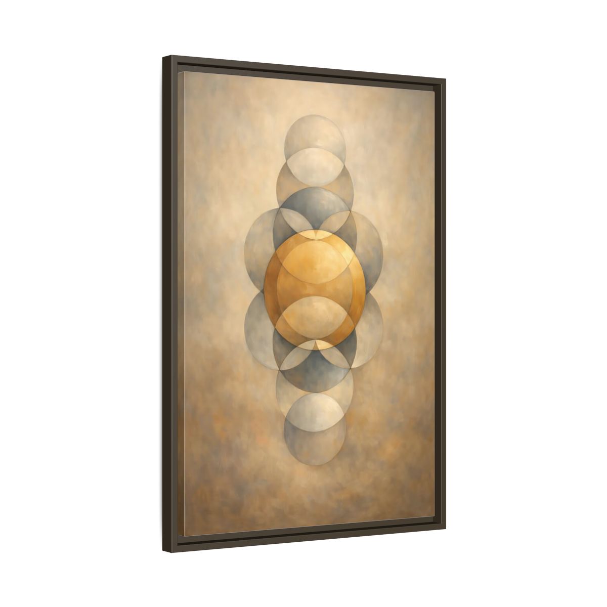 Side Mockup 12. Abstract Geometric Circles Gold And Grey shown as stretched canvas wall art