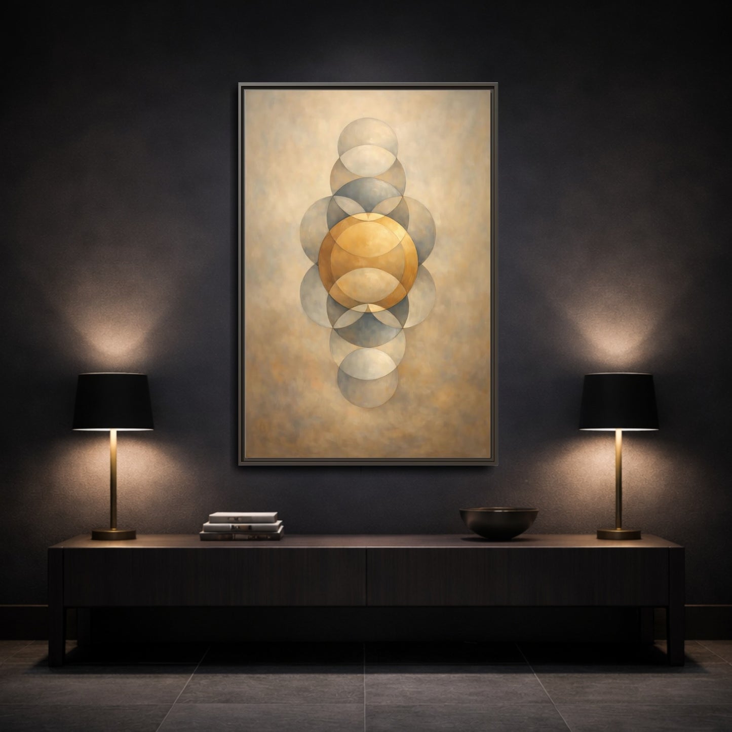 Mockup 2. Abstract Geometric Circles Gold And Grey shown as stretched canvas wall art