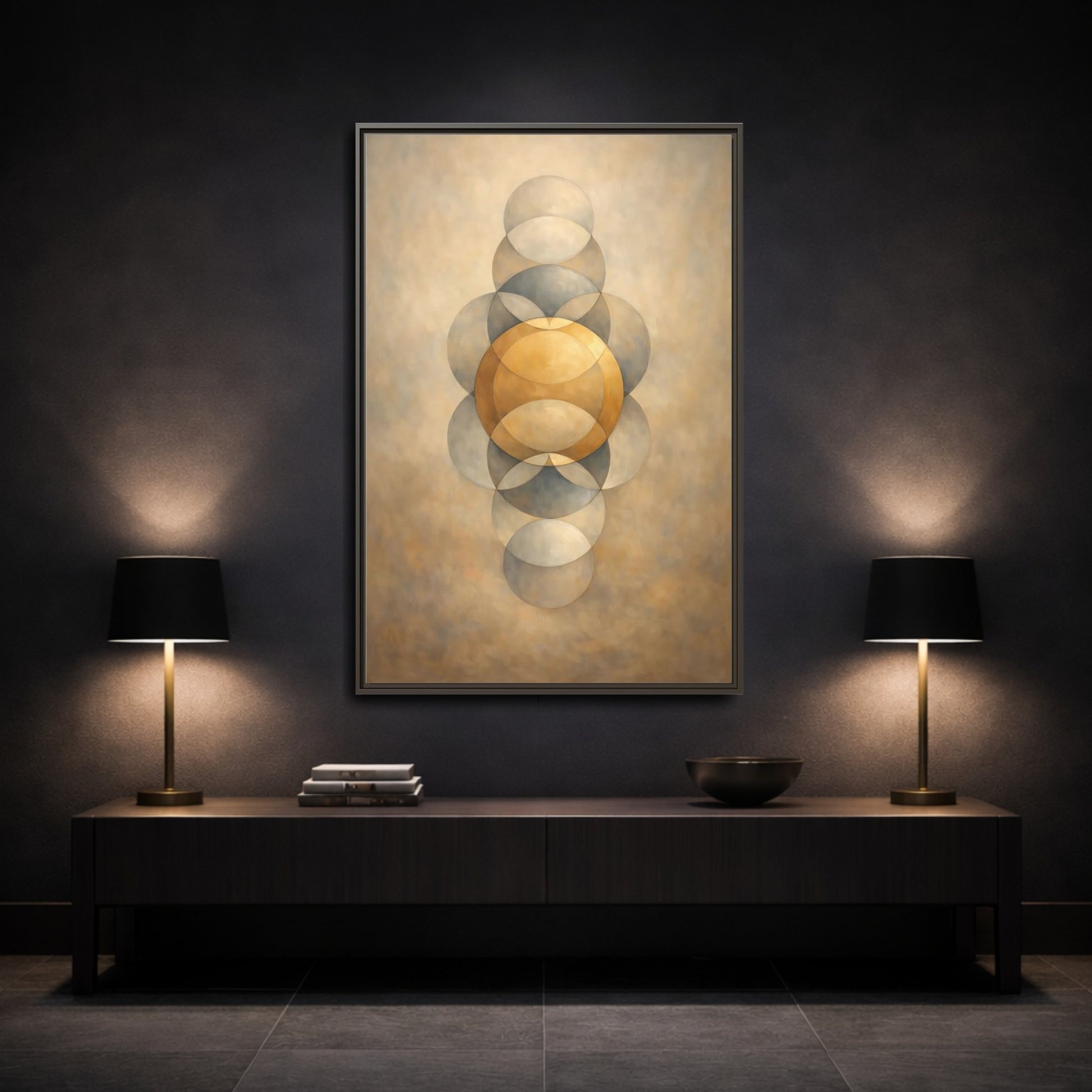 Mockup 2. Abstract Geometric Circles Gold And Grey shown as stretched canvas wall art