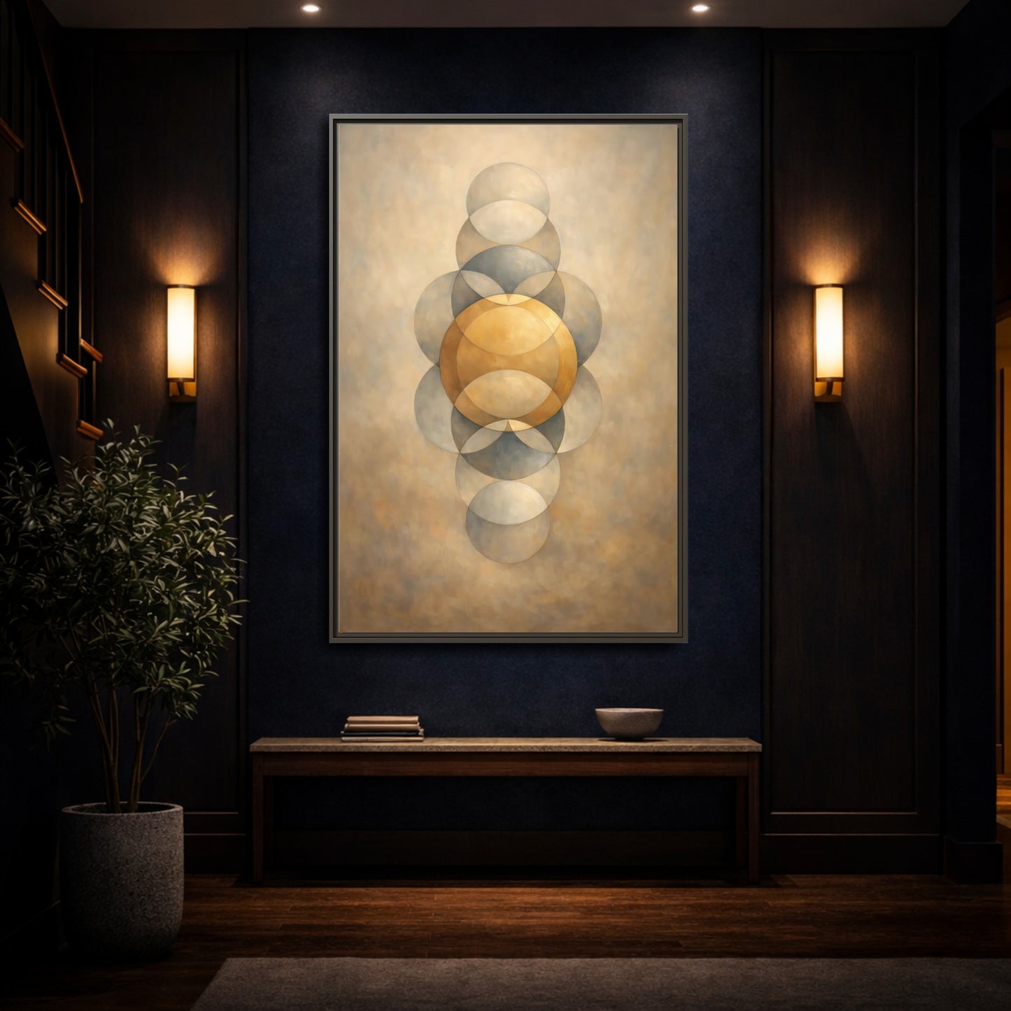 Mockup 3. Abstract Geometric Circles Gold And Grey shown as stretched canvas wall art