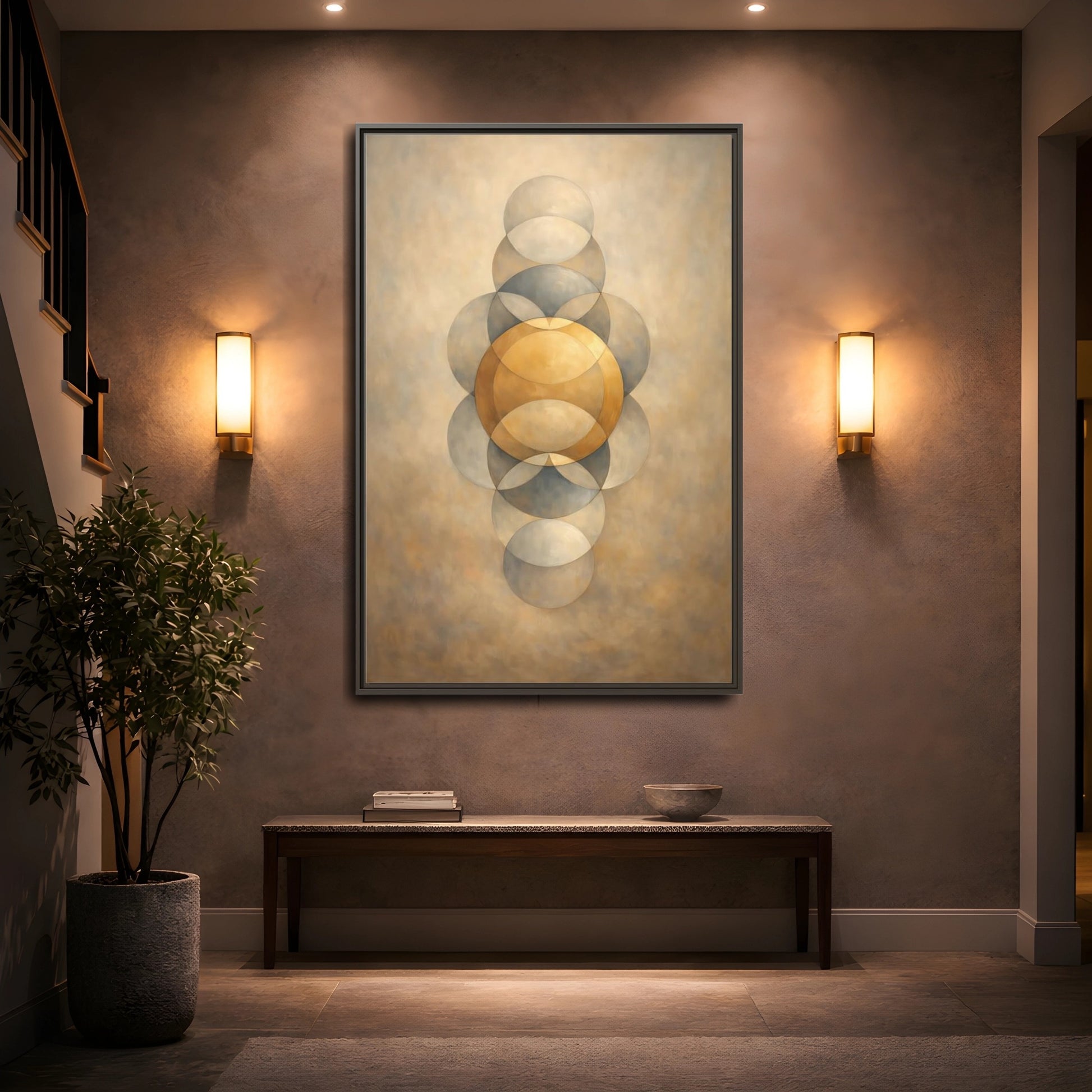 Mockup 4. Abstract Geometric Circles Gold And Grey shown as stretched canvas wall art