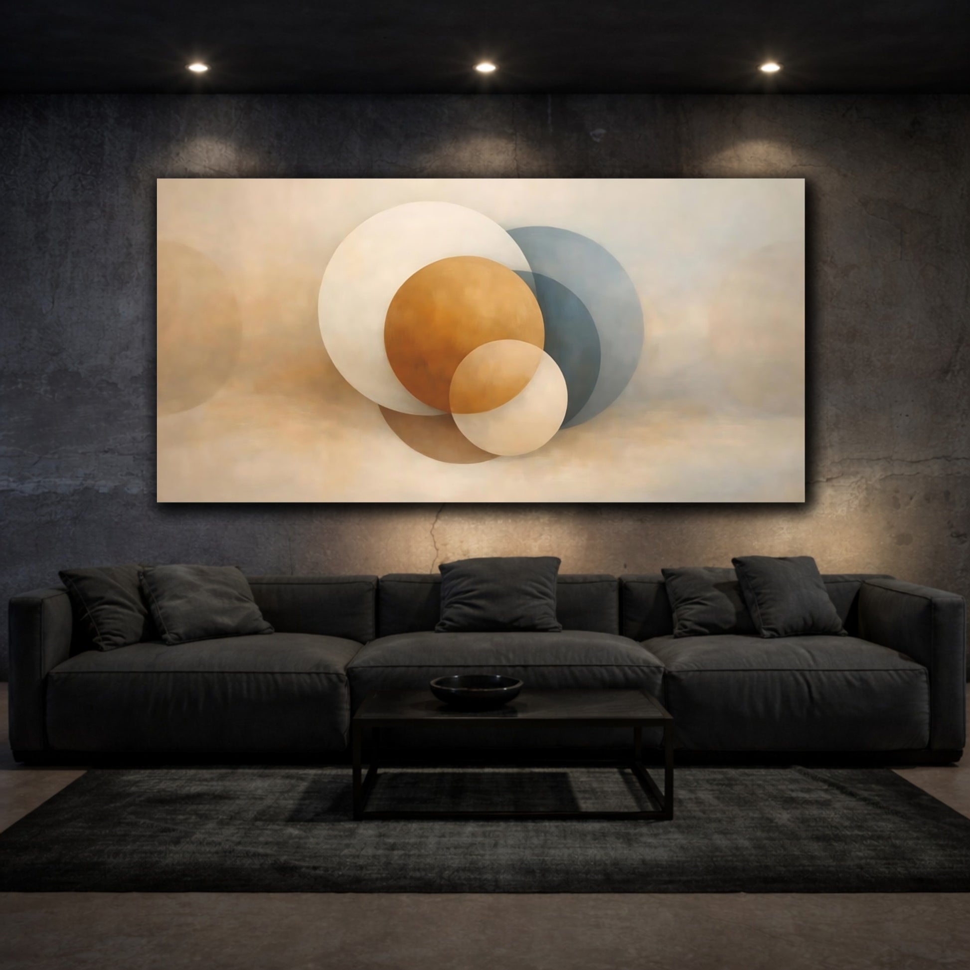 Mockup 2. Abstract Geometric Circles Neutral Abstract Circles shown as stretched canvas wall art