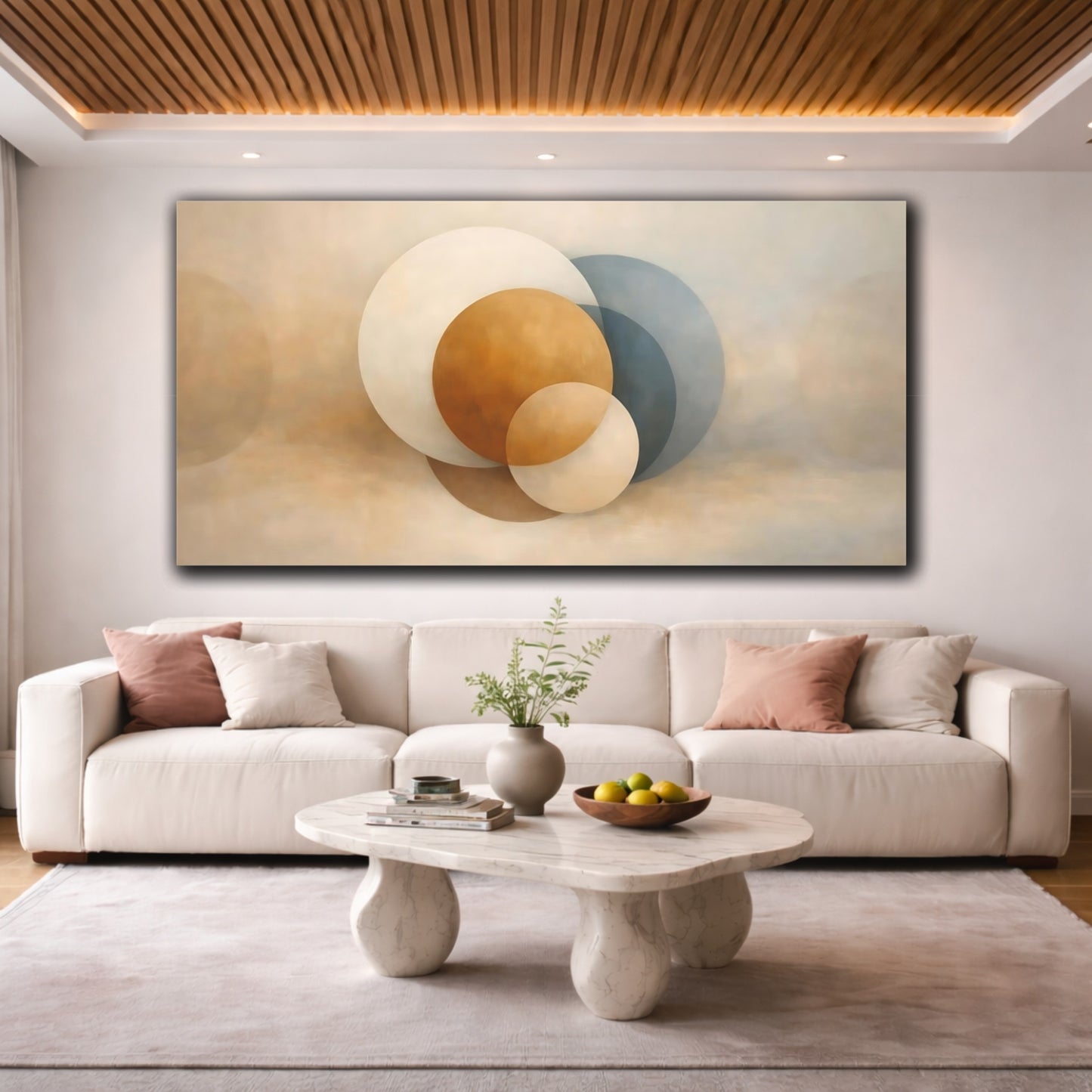 Mockup 3. Abstract Geometric Circles Neutral Abstract Circles shown as stretched canvas wall art