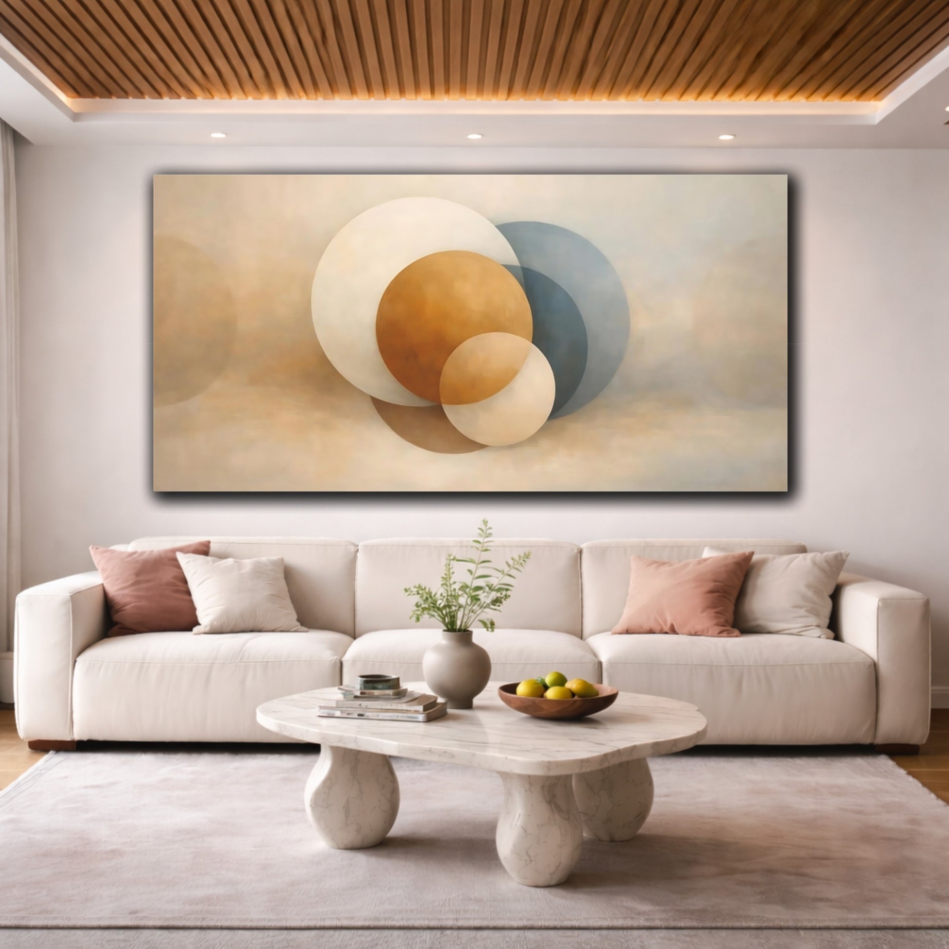 Mockup 3. Abstract Geometric Circles Neutral Abstract Circles shown as stretched canvas wall art