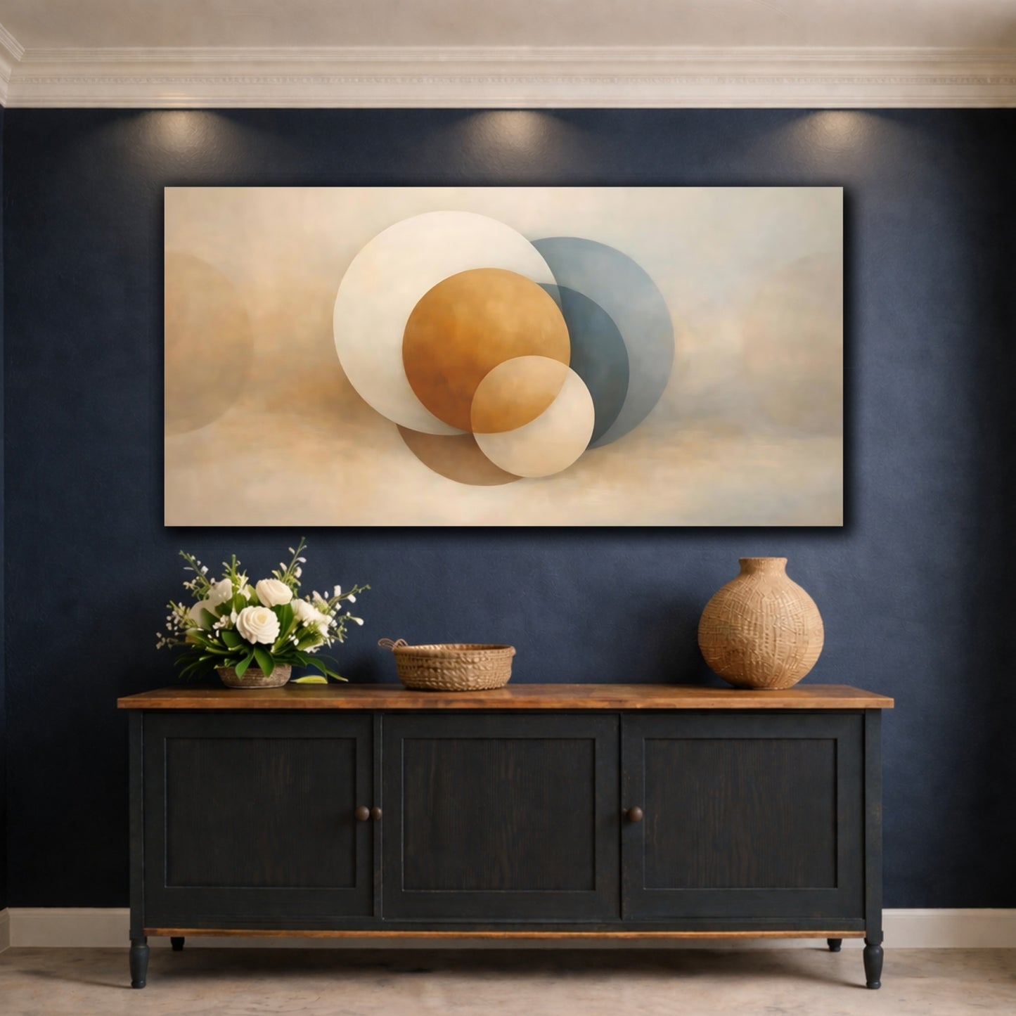 Mockup 4. Abstract Geometric Circles Neutral Abstract Circles shown as stretched canvas wall art