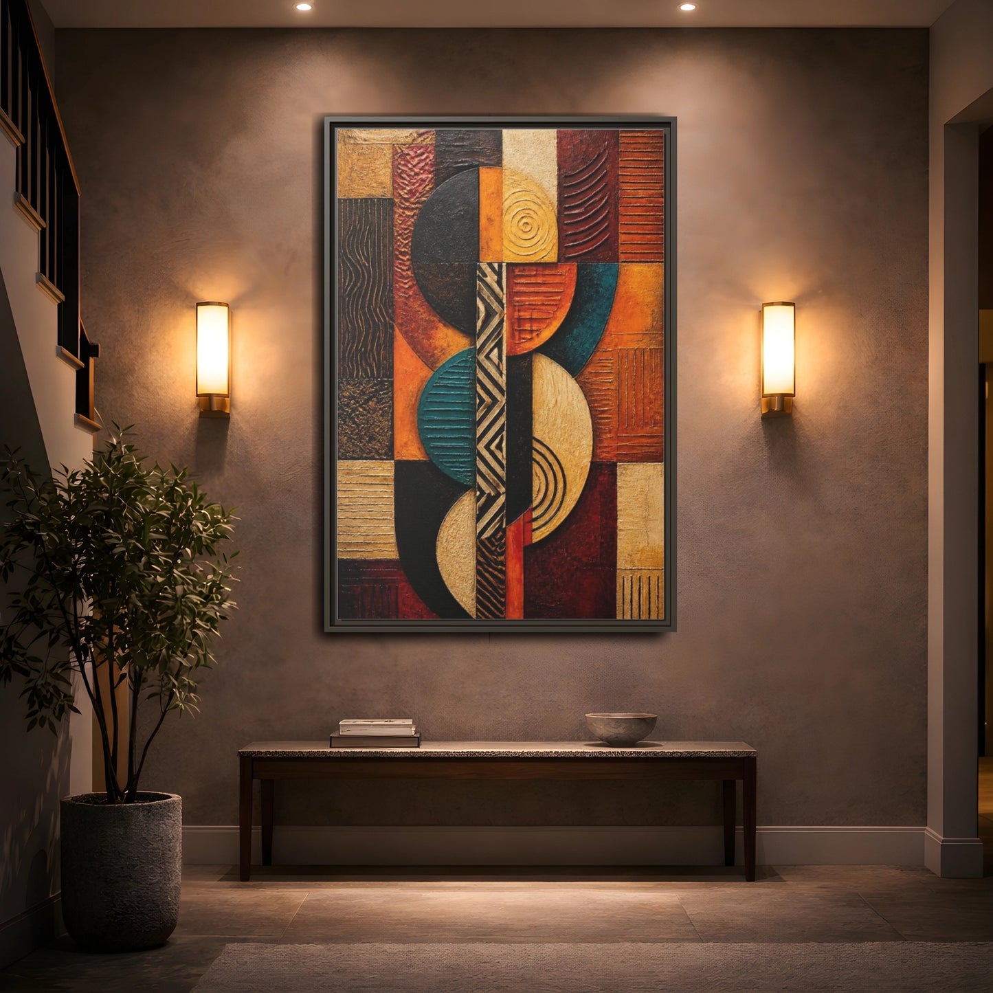 Mockup 2. Abstract Geometric Circles shown as framed canvas print