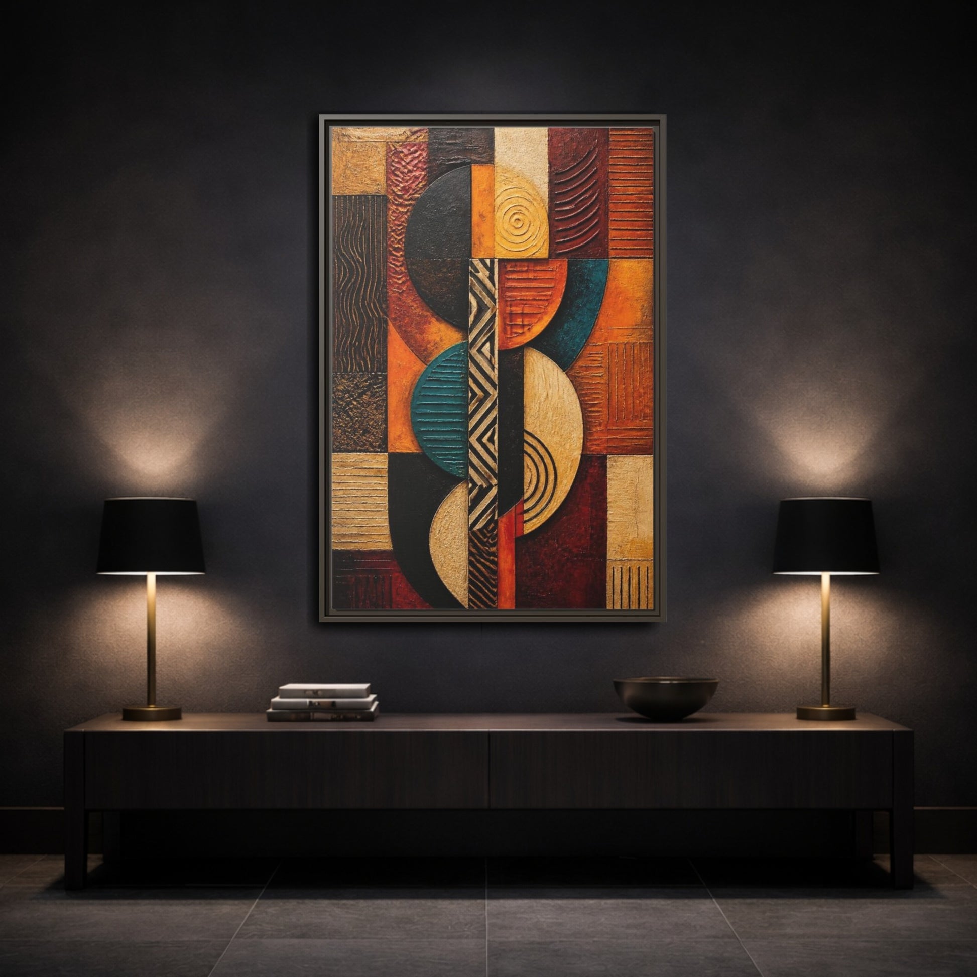 Mockup 3. Abstract Geometric Circles shown as framed canvas print