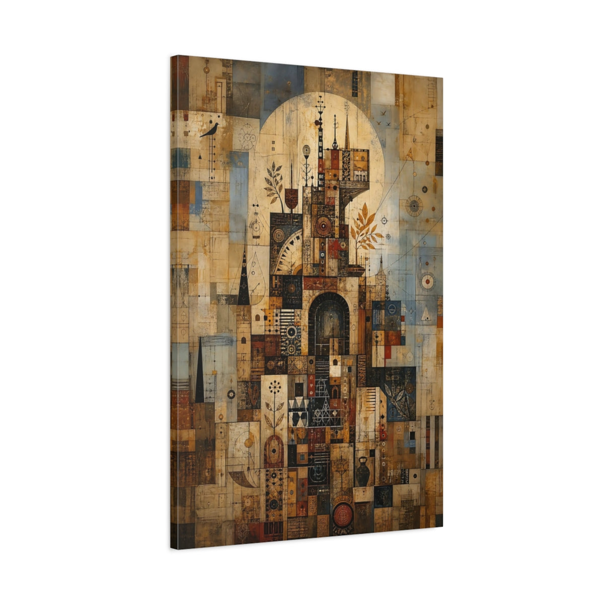 Main Mockup. Abstract Geometric City Brown And Blue Abstract shown as stretched canvas wall art