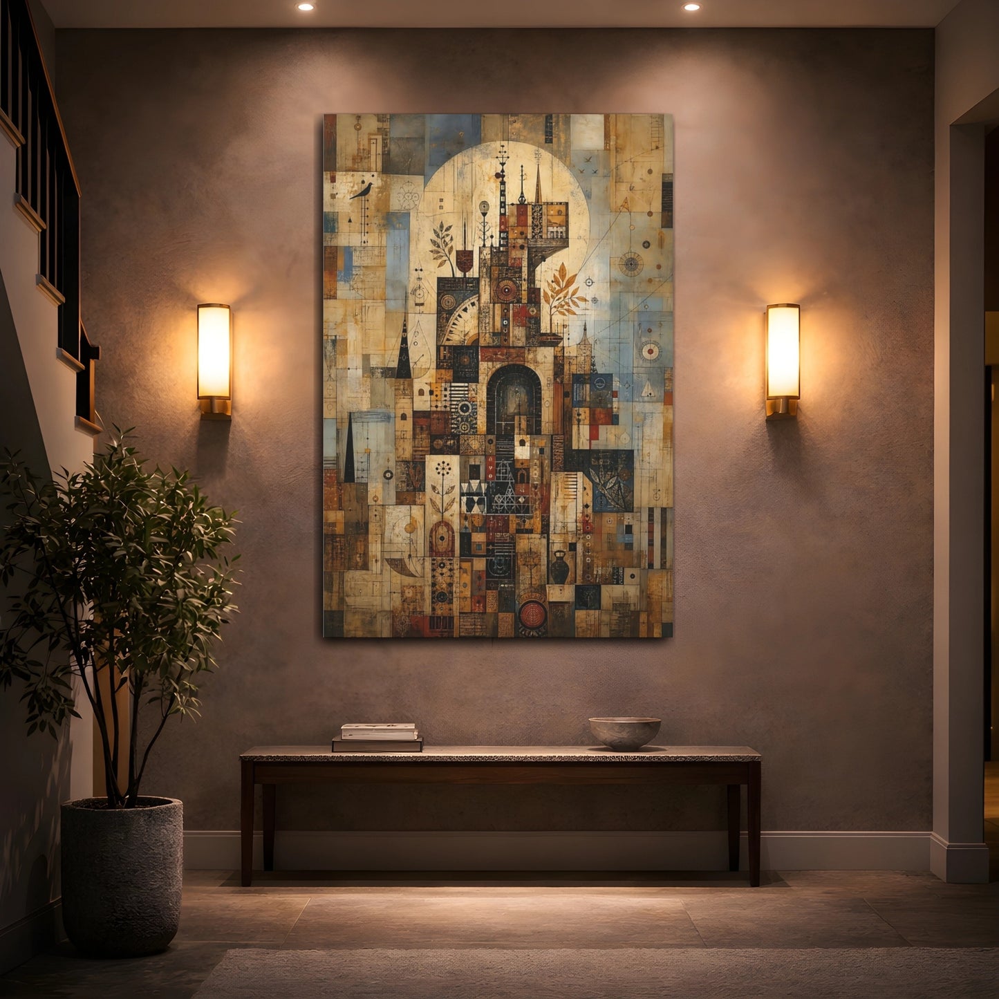 Mockup 2. Abstract Geometric City Brown And Blue Abstract shown as stretched canvas wall art