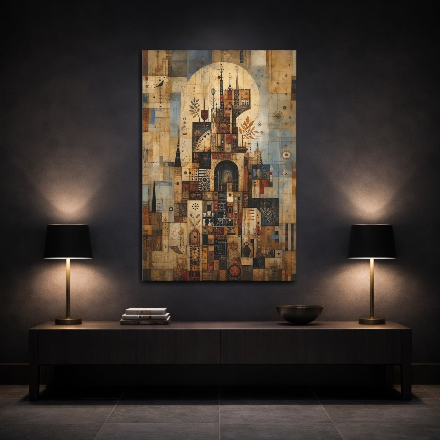 Mockup 3. Abstract Geometric City Brown And Blue Abstract shown as stretched canvas wall art