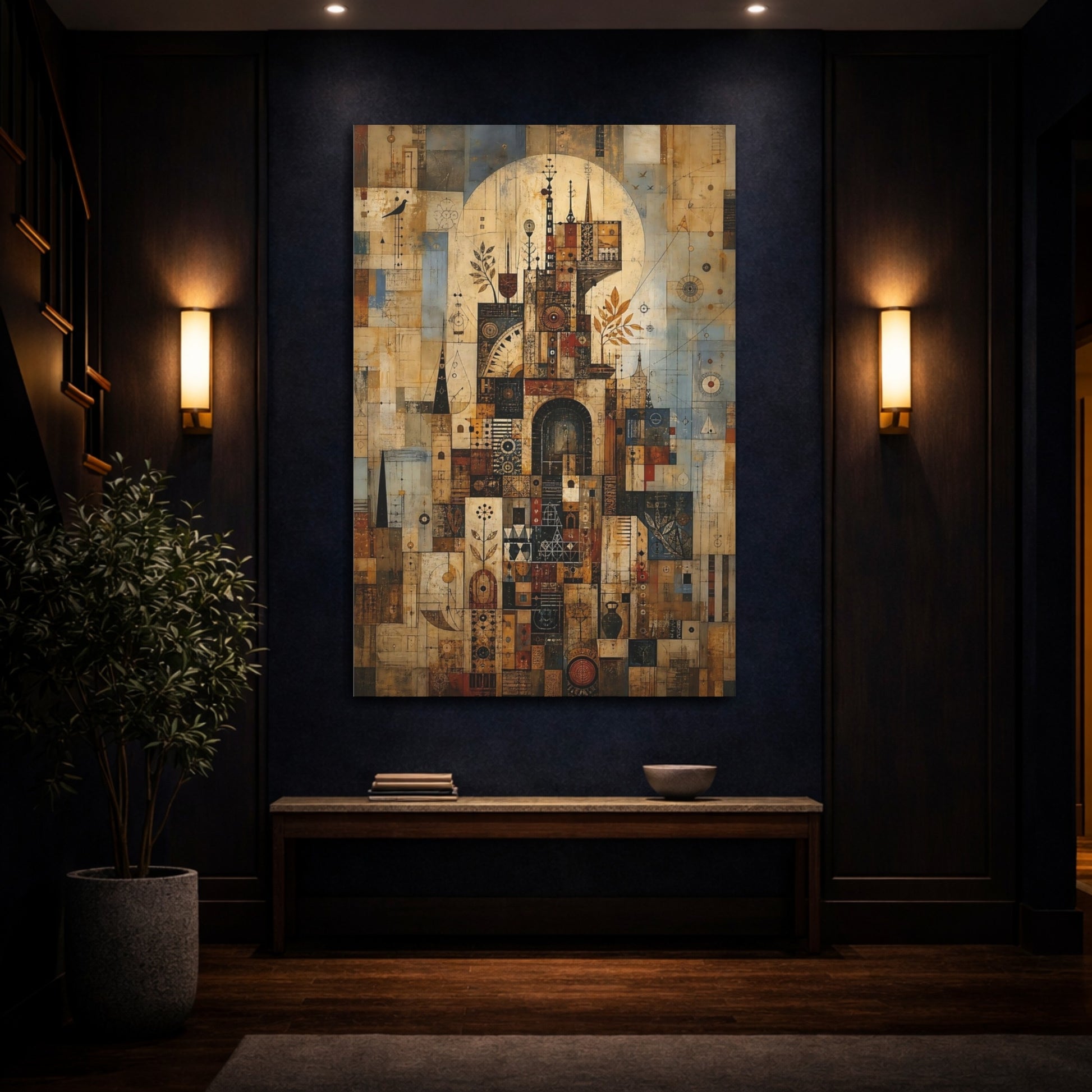 Mockup 4. Abstract Geometric City Brown And Blue Abstract shown as stretched canvas wall art