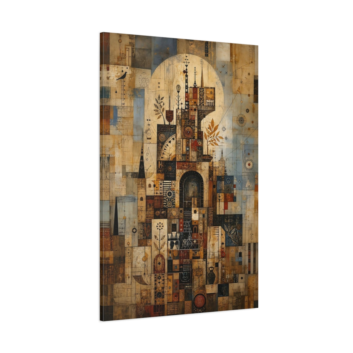 Side Mockup 1. Abstract Geometric City Brown And Blue Abstract shown as stretched canvas wall art