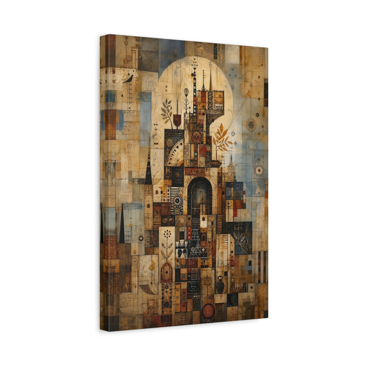 Side Mockup 4. Abstract Geometric City Brown And Blue Abstract shown as stretched canvas wall art